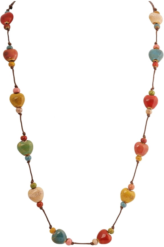 Hippie Bohemian Colorful Ceramic Bead Long Strand Necklace, Boho Hippie Beach Summer Statement Jewelry Gift for Women