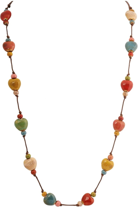 Hippie Bohemian Colorful Ceramic Bead Long Strand Necklace, Boho Hippie Beach Summer Statement Jewelry Gift for Women