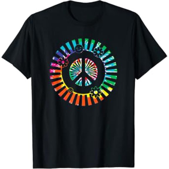 Hippie Bohemian Retro Rainbow Tie Dye Happy Peace Sign Bloom T-Shirt