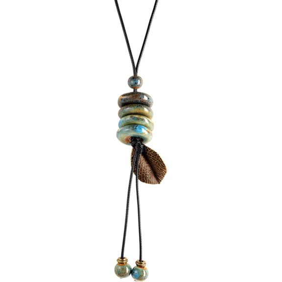 Hippie Boho Blue Turquoise Color Ceramic Beads Lucky Leaf Long Leather Necklace, Bohemian Jewelry Gift for Women