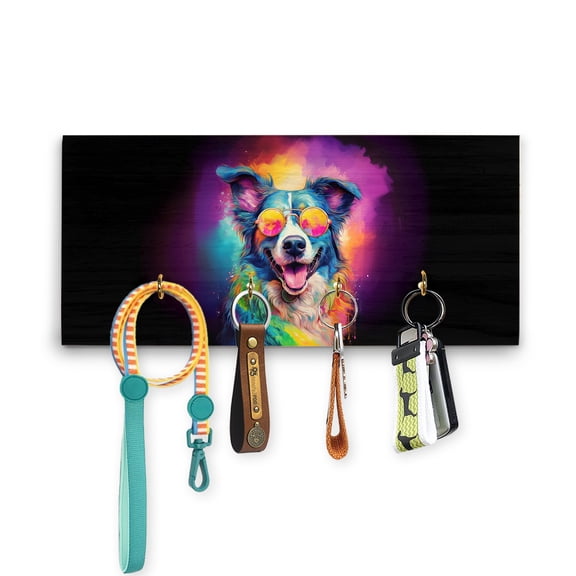 Hippie Border Collie Portrait oil painting Watercolor Tie-dye Vintage Wood Key Holder Borders Dog Lovers Gifts Idea Wall-mounted Key Rack Home Decor - 00015
