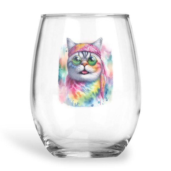Hippie British Shorthair Portrait Watercolor Tie-Dye Vintage Styles 15oz Stemless Wine Glass Mug Cat Lover Kitten Owner Gifts Wine Glasses Cup - 00014