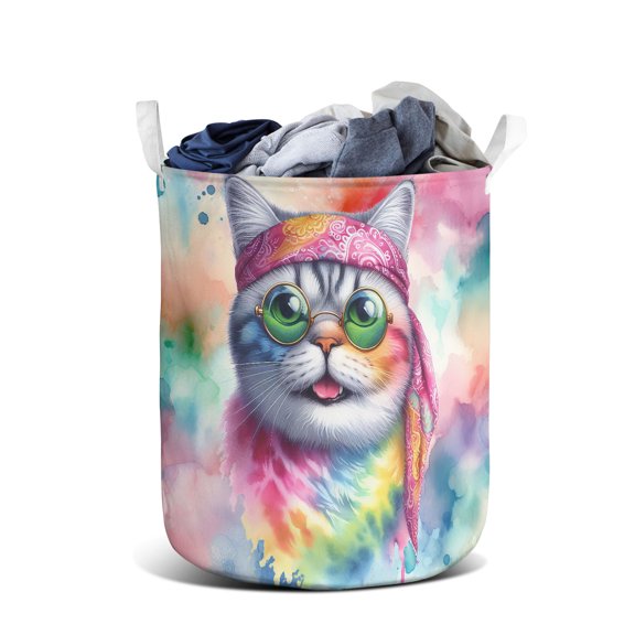 Hippie British Shorthair Portrait Watercolor Tie-Dye Vintage Styles Foldable Laundry Basket Cat Lover Kitten Owner Gifts Organizer Storage with Handles - 00014