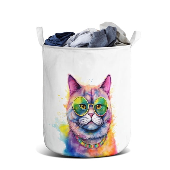 Hippie British Shorthair Portrait oil painting Watercolor Tie-dye Vintage Foldable Laundry Basket Cat Lover Kitten Owner Gifts Organizer Storage with Handles - 00015