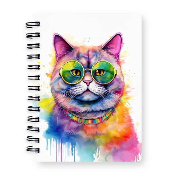 Hippie British Shorthair Portrait oil painting Watercolor Tie-dye Vintage Spiral Bound Journal Cat Lover Kitten Owner Gifts 5x7in Spiral Notebook - 00015
