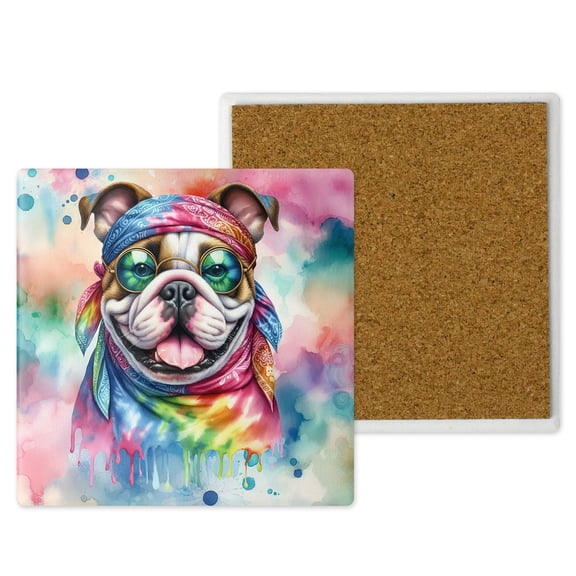 Hippie Bulldog Portrait Watercolor Tie-Dye Vintage Styles Set of 4 Stone Coasters Dog Lover Gifts Idea 4x4in Absorbent Soapstone Coaster - 00014