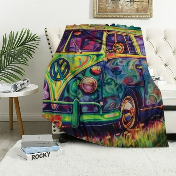 Hippie Bus Printed Blanket, Rainbow Hippie Boho Throw Blankets, Vintage Mandala Lightweight, Warm, Cozy, Soft, Fluffy, Reversible, Luxury TV Blanket