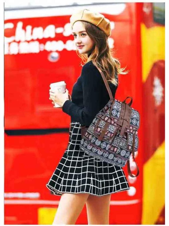 Hippie Canvas Women Backpack Purse, Boho Style Ethnic Drawstring Casual Double Shoulder Bag, Vintage Travel Daypack