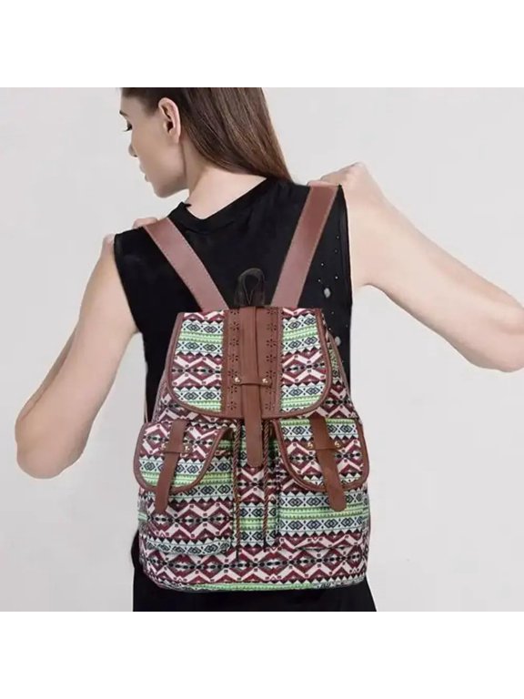 Hippie Canvas Women Backpack Purse, Boho Style Ethnic Drawstring Casual Double Shoulder Bag, Vintage Travel Daypack