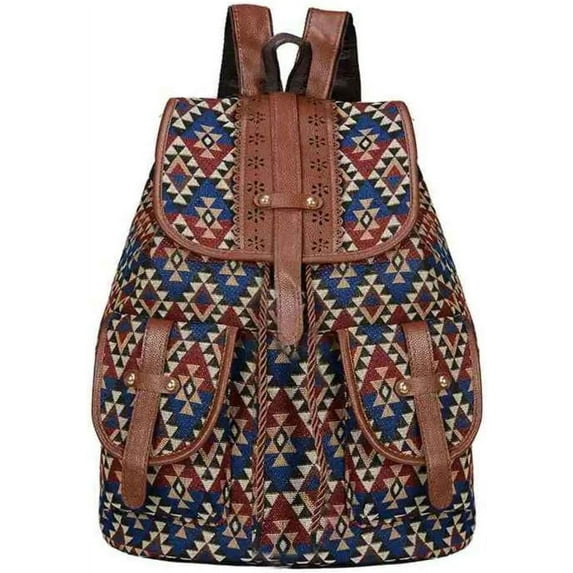 Hippie Canvas Women Backpack Purse- Boho Style Ethnic Drawstring Causal Double Shoulder Vintage Travel Daypack (Landscape)