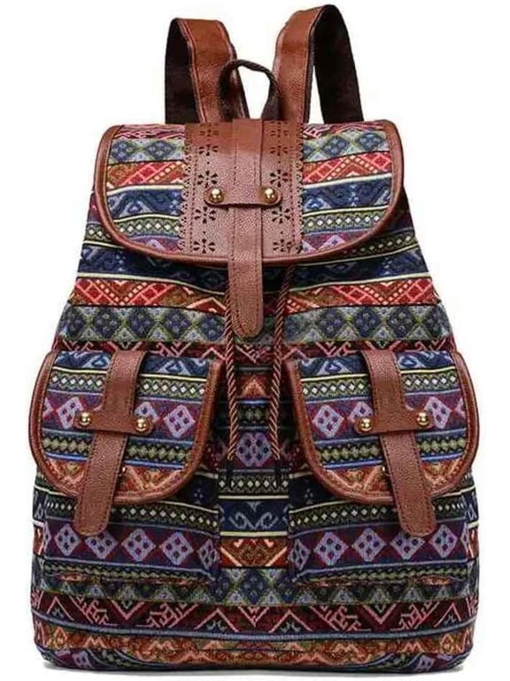 Hippie Canvas Women Backpack Purse- Boho Style Ethnic Drawstring Causal Double Shoulder Vintage Travel Daypack (Landscape)
