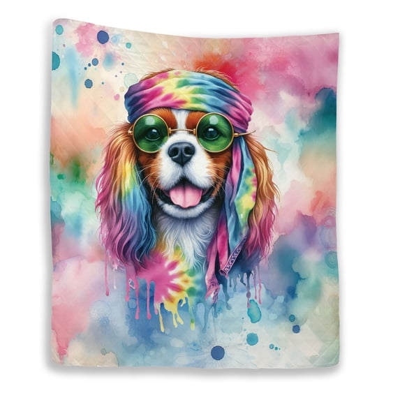Hippie Cavalier King Charles Spaniel Portrait Watercolor Tie-Dye Vintage Styles Quilt Blanket Dog Lover Gifts Cozy Comforter Throw Blanket - 00014