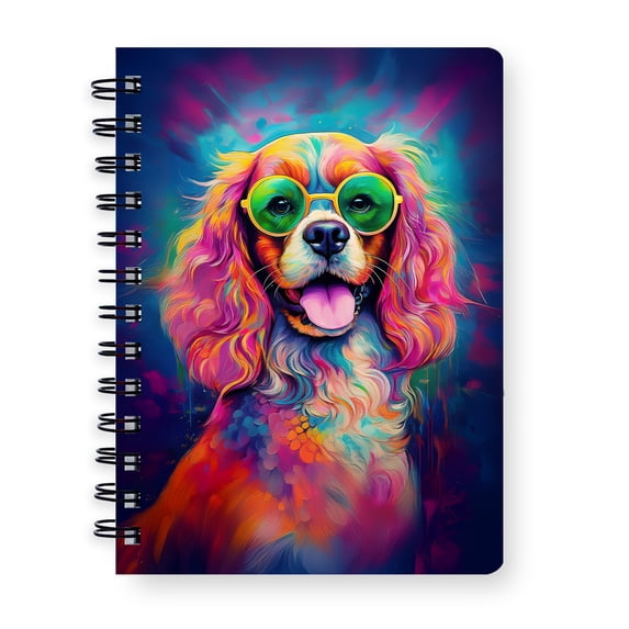 Hippie Cavalier King Charles Spaniel Portrait oil painting Watercolor Tie-dye Vintage Spiral Bound Journal Dog Lover Gifts 5x7in Spiral Notebook - 00015
