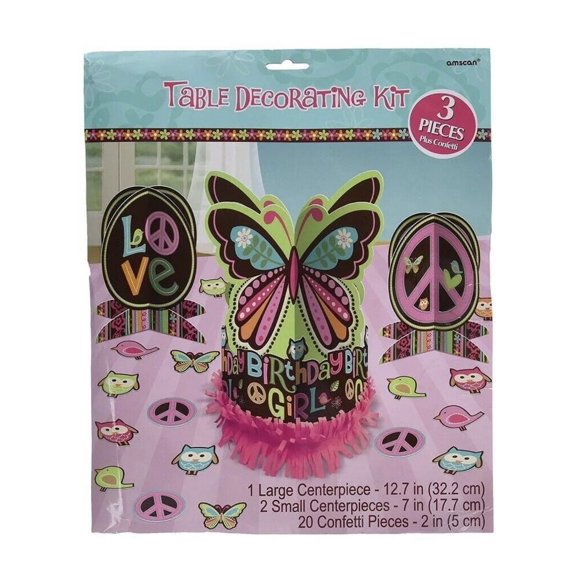 Hippie Chick Peace Owl Pink Brown Retro Birthday Party Table Decorating Kit