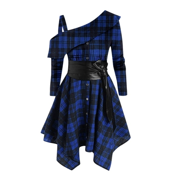 Hippie Clothes for Women Vintage Plaid Dress One Shoulder Long Sleeve Asymmetrical Shirt Dress Button Down Tunic Dress