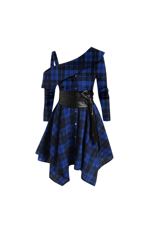 Hippie Clothes for Women Vintage Plaid Dress One Shoulder Long Sleeve Asymmetrical Shirt Dress Button Down Tunic Dress