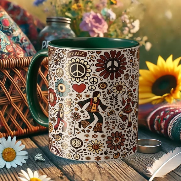Hippie Coffee Mug  Retro 70s Peace Sign Cup with Flower Power Art