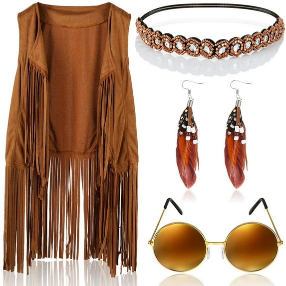 Hippie Costume Set, 60s 70s Women Hippie Costume Accessories Set, Includes Tassel Vest & Boho Headband & Tassel Earrings & Sunglasses, Sleeveless Fringe Vest Hippie Set for Costume Party Cosplay