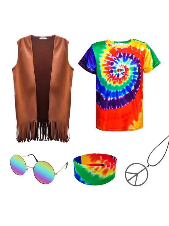 Hippie Costume for Men 60s 70s Fringe Vest Colorful T-shirt Set Carnival Party Tassel Vest Hippy Halloween Costume