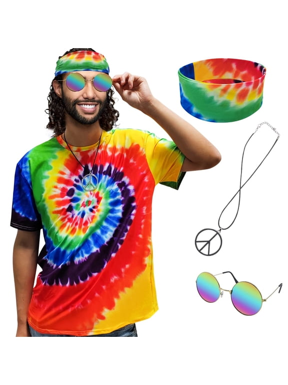 Hippie Costume for Men 60s 70s colorful T-shirt sunglasses headband Peace necklace 4-piece theme party