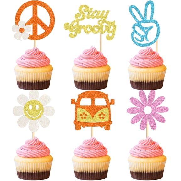 Hippie Cupcake Toppers, 12 Pcs, Peace Sign, Smiley Flower, Stay Groovy, 60's Birthday Party Decorations