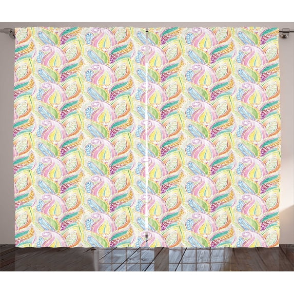 Hippie Curtains 2 Panels Set, Boho Soft Pastel Leaves in Ethnic Watercolor Stylized Flourishing Lace Artsy Pattern, Window Drapes for Living Room Bedroom, 108W X 63L Inches, Multicolor, by Ambesonne
