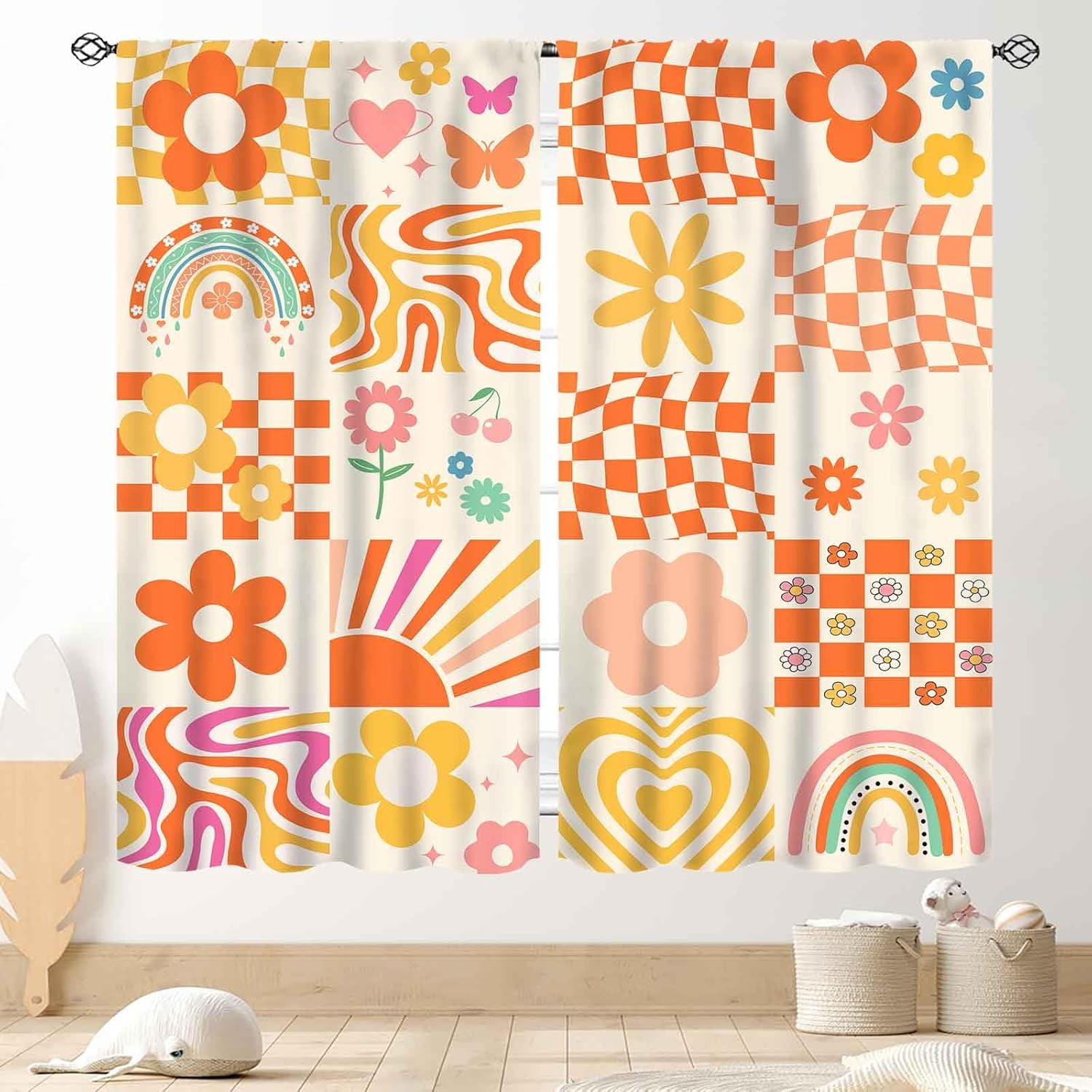 Hippie Curtains 70s Floral Window Curtains, Retro Funky 60S 70S Orange ...