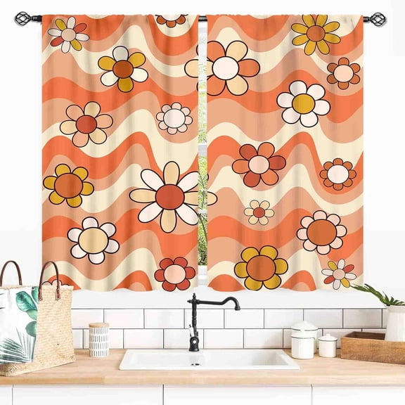 Hippie Curtains, Retro Orange Floral 1970s Wave Groovy Funky Floral Boho Aesthetic Farmhouse Country Cute Window Drapery Treatments for Bedroom Living Room Kitchen Bathroom 2 Panels, 27.5x36 Inch