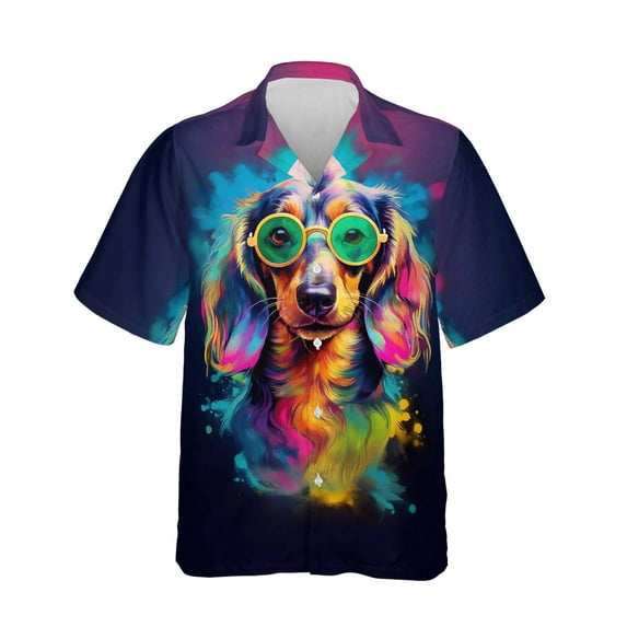 Hippie Dachshund Portrait oil painting Watercolor Tie-dye Vintage Hawaiian Shirt Breathable Summer Unisex Merch Wiener Dog Lover Gifts Idea - 00015