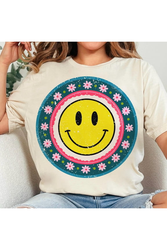 Hippie Daisy Smiley Shirt, Distressed Boho Smiley T-Shirt, Floral Summer Tee, Retro Positive Vibes Graphic, Cute Smiley Face Shirt