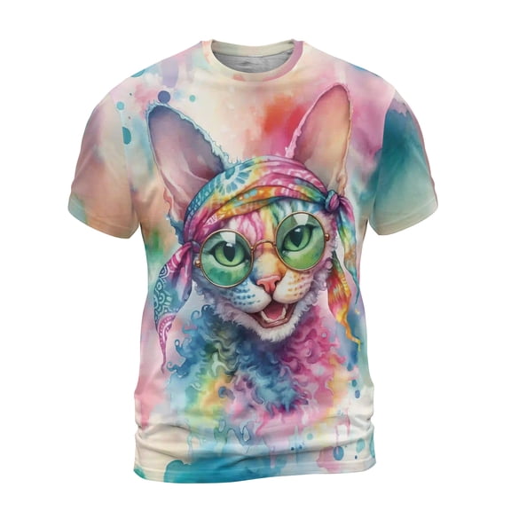 Hippie Devon Rex Portrait Watercolor Tie-Dye Vintage Styles All Over Print 3D Shirt Unisex Merch Cat Lover Kitten Owner Gifts - 00014