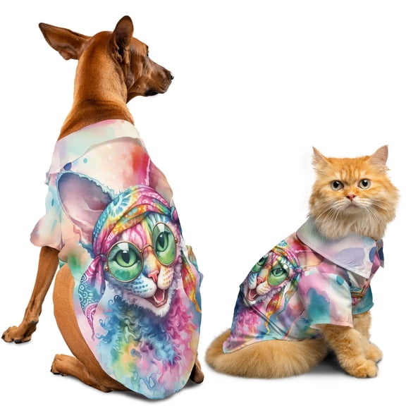 Hippie Devon Rex Portrait Watercolor Tie-Dye Vintage Styles Hawaiian Summer Shirt for Small Medium Large Dog Cat Cat Lover Kitten Owner Gifts - 00014