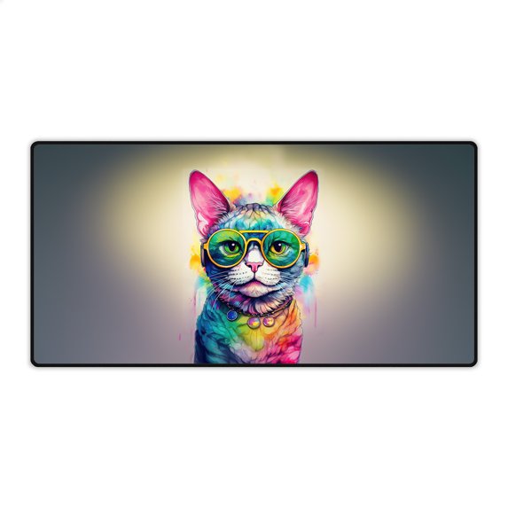 Hippie Devon Rex Portrait oil painting Watercolor Tie-dye Vintage Desk Mat Full Keyboard Mouse Pad Cat Lover Kitten Owner Gifts Large Mousepad - 00015