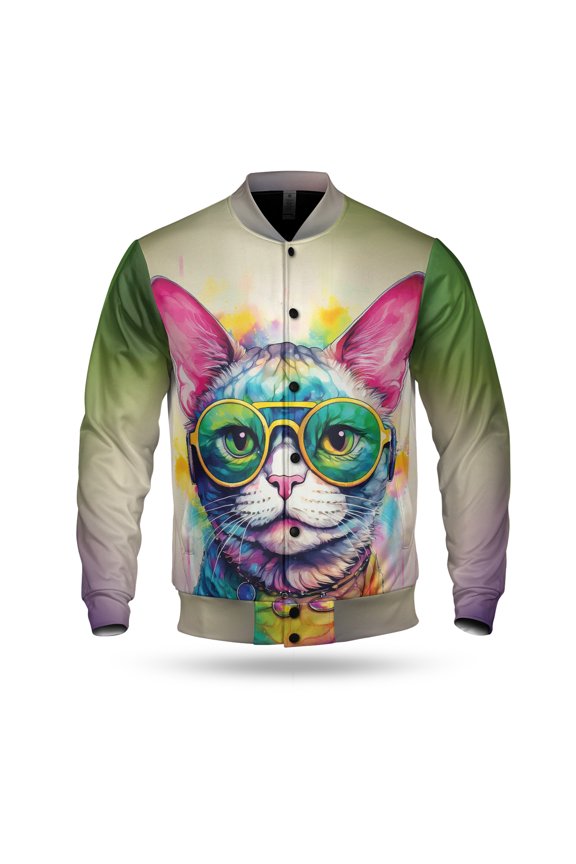 Hippie Devon Rex Portrait oil painting Watercolor Tie-dye Vintage All Over Print 3D Baseball Jacket Cat Lover Kitten Owner Gifts Bomber Jacket Softball - 00015