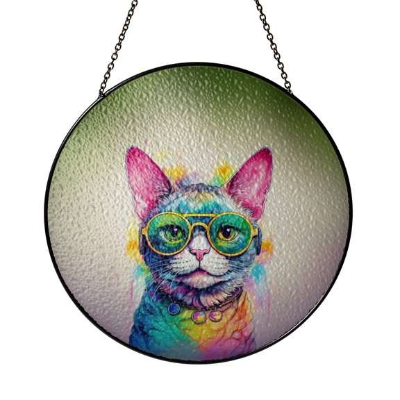 Hippie Devon Rex Portrait oil painting Watercolor Tie-dye Vintage Stained Glass Suncatcher Cat Lover Kitten Owner Gifts Window Hanging Sign Decor - 00015