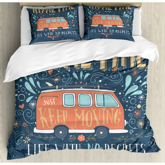 Hippie Duvet Cover Set, Groovy Words Flowers Dots and Drop Like Ornaments Print, Decorative 3 Piece Bedding Set with 2 Pillow Shams, Calking Size, Dark Blue, by Ambesonne