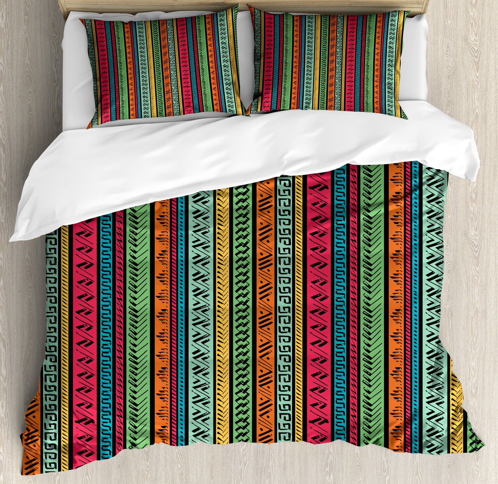Hippie Duvet Cover Set, Hand Drawn Vertical Borders Colorful Native ...