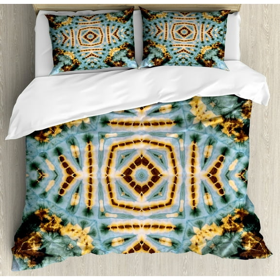 Hippie Duvet Cover Set King Size, Close Hippie Kaleidoscope Motif Maya Clan Figures Dirt Tones Counter Culture Print, Decorative 3 Piece Bedding Set with 2 Pillow Shams, Yellow Blue, by Ambesonne