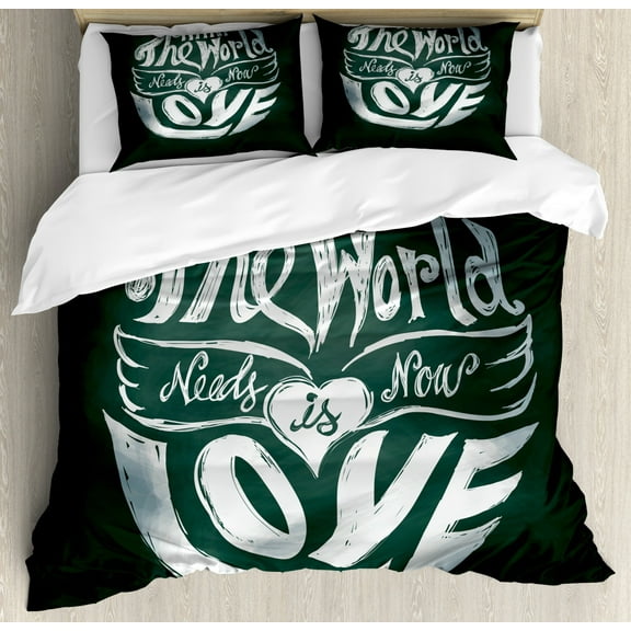 Hippie Duvet Cover Set King Size, What the World Needs Now is Love Quote Lettering Art Circle Grunge Typography, Decorative 3 Piece Bedding Set with 2 Pillow Shams, Dark Green White, by Ambesonne