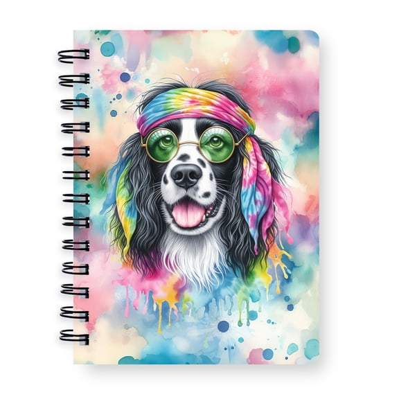 Hippie English Springer Spaniel Portrait Watercolor Tie-Dye Vintage Styles Spiral Bound Journal Springers Dog Lover Gifts 5x7in Spiral Notebook - 00014