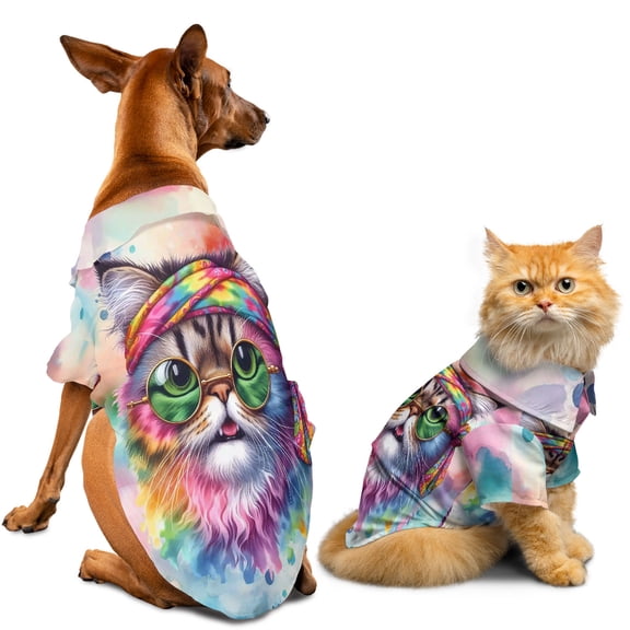 Hippie Exotic Shorthair Portrait Watercolor Tie-Dye Vintage Styles Hawaiian Summer Shirt for Small Medium Large Dog Cat Cat Lover Kitten Owner Gifts - 00014