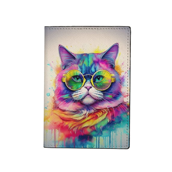 Hippie Exotic Shorthair Portrait oil painting Watercolor Tie-dye Vintage Travel Passport Wallet Cat Lover Kitten Owner Gifts PU Leather Passport Holder Cover - 00015