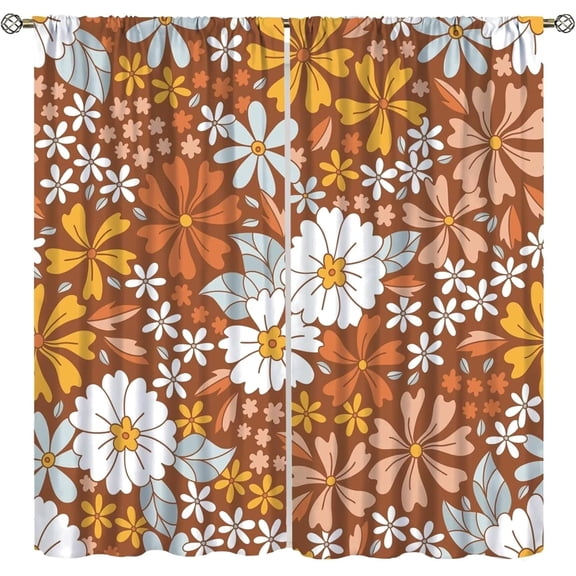Hippie Floral Curtains, 1970s Retro Orange Pink Funky Curtains, Boho Groovy Daisy Flowers Aesthetic Blackout Window Treatments for Living Room Kids Bedroom 26"W x 63"L (Pack of 2)