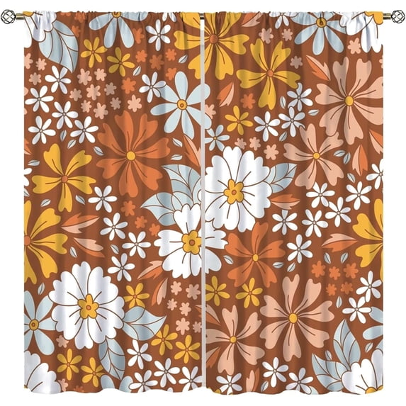 Hippie Floral Curtains, 1970s Retro Orange Pink Funky Curtains, Boho Groovy Daisy Flowers Aesthetic Window Treatments for Living Room Kids Bedroom Set 2 Panels,72x63 Inches