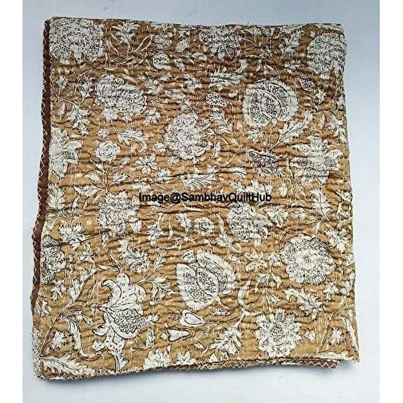 Hippie Floral Handblock Handmade Cotton Block Kantha Quilting Vintage Throw Blanket Hippie Queen/King Size Bohemian Bed Decor Quilt