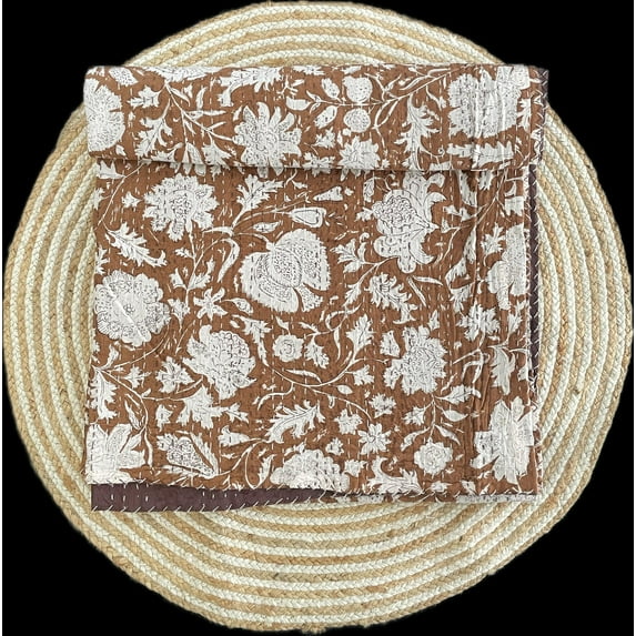 Hippie Floral Handblock Handmade Cotton Block Kantha Quilting Vintage Throw Blanket Hippie Queen/King Size Bohemian Bed Decor Quilt