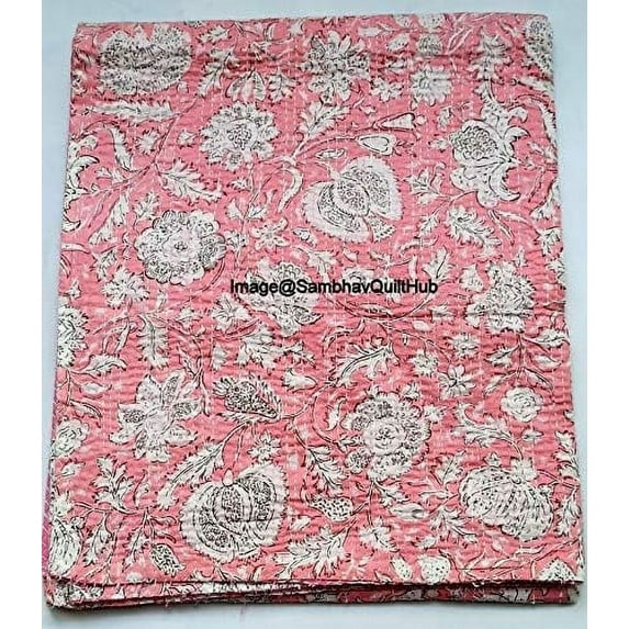 Hippie Floral Handblock Handmade Cotton Block Kantha Quilting Vintage Throw Blanket Hippie Queen/King Size Bohemian Bed Decor Quilt