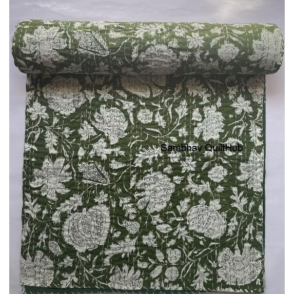Hippie Floral Handblock Handmade Cotton Block Kantha Quilting Vintage Throw Blanket Hippie Queen/King Size Bohemian Bed Decor Quilt