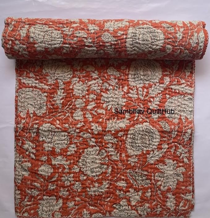 Handmade Cotton Kantha Quilt - Hippie Floral Block Print, Vintage Bohemian Throw Blanket | Queen/King Size 90"x108"