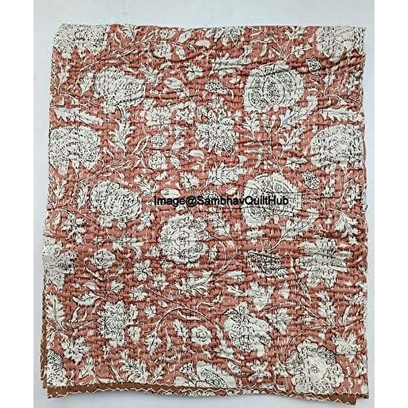 Hippie Floral Handblock Handmade Cotton Block Kantha Quilting Vintage Throw Blanket Hippie Queen/King Size Bohemian Bed Decor Quilt
